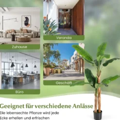 Künstlicher Bananenbaum Bananenpflanze mit 10 Blättern & natürlichem Stamm Grün 165 cm