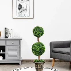 Künstlicher Formschnittbaum 90 cm großer Doppelkugelbaum mit UV & Wasserschutz mit Zement gefüllter Topf