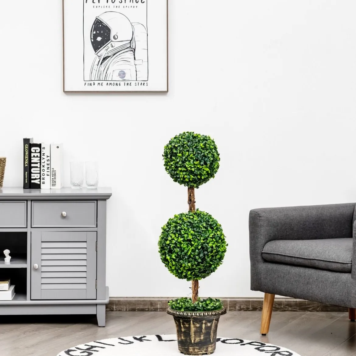 Künstlicher Formschnittbaum 90 cm großer Doppelkugelbaum mit UV & Wasserschutz mit Zement gefüllter Topf