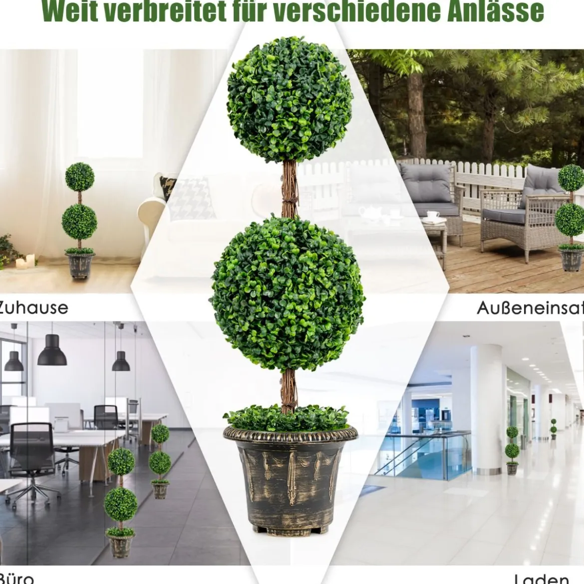 Künstlicher Formschnittbaum 90 cm großer Doppelkugelbaum mit UV & Wasserschutz mit Zement gefüllter Topf