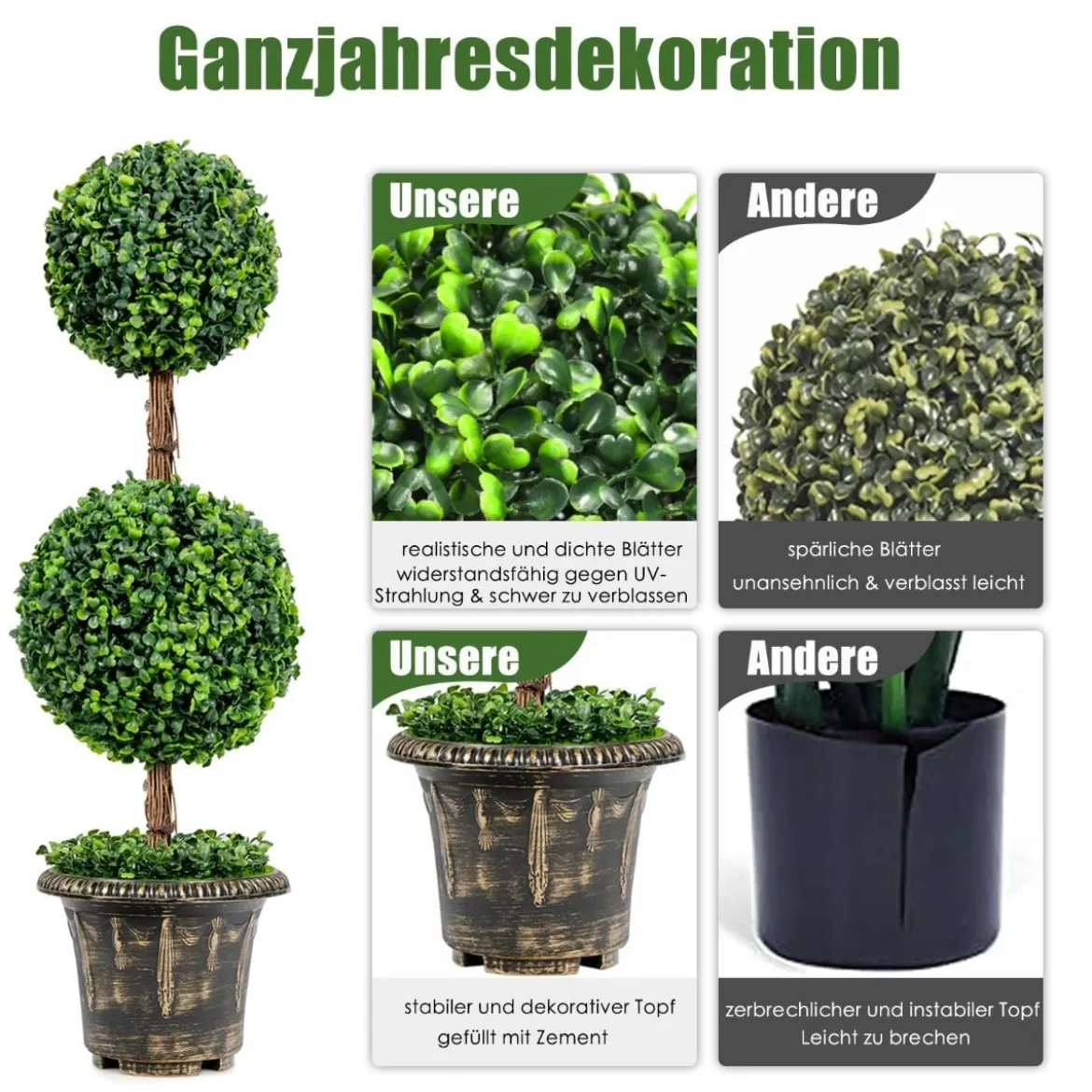 Künstlicher Formschnittbaum 90 cm großer Doppelkugelbaum mit UV & Wasserschutz mit Zement gefüllter Topf