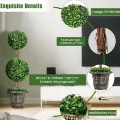 Künstlicher Formschnittbaum 90 cm großer Doppelkugelbaum mit UV & Wasserschutz mit Zement gefüllter Topf