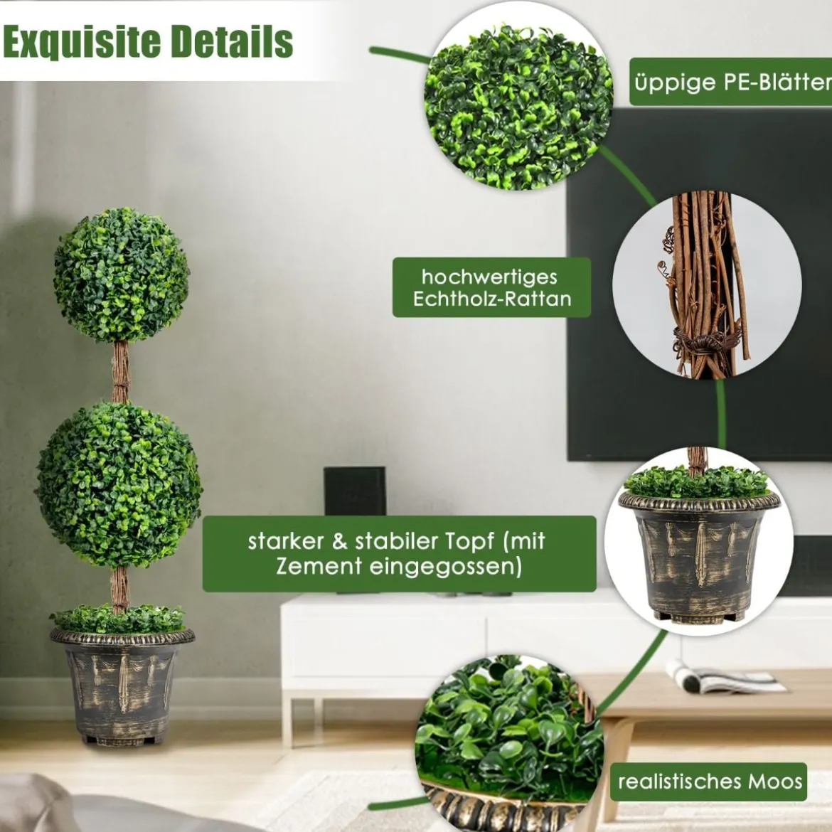 Künstlicher Formschnittbaum 90 cm großer Doppelkugelbaum mit UV & Wasserschutz mit Zement gefüllter Topf
