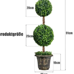 Künstlicher Formschnittbaum 90 cm großer Doppelkugelbaum mit UV & Wasserschutz mit Zement gefüllter Topf