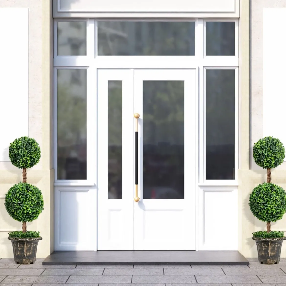 Künstlicher Formschnittbaum 90 cm großer Doppelkugelbaum mit UV & Wasserschutz mit Zement gefüllter Topf