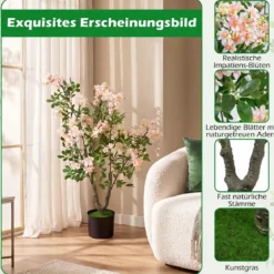 Künstlicher Impatiens Baum 90 cm Kunstpflanze im Topf mit 210 Seidenblumen und 55 Blättern Rosa