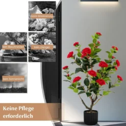 Künstlicher Kamelienbaum 95 cm Kunstblumenpflanze Künstlicher Baum im Zementtopf Rot