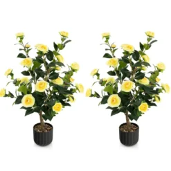 Künstlicher Kamelienbaum 95 cm Kunstblumenpflanze Künstlicher Baum im Zementtopf Gelb