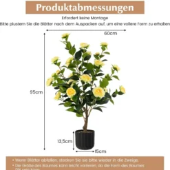 Künstlicher Kamelienbaum 95 cm Kunstblumenpflanze Künstlicher Baum im Zementtopf Gelb