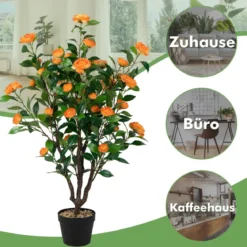 Künstlicher Kamelienbaum Unechte Blühende Kamelienpflanze Grün + Gelb