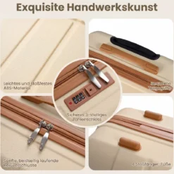 Koffer Set 5 Teilig Erweitbarer Hartschale Reisekoffer mit 1 Reisetasche & 1 Kulturbeutel Schwarz/Beige