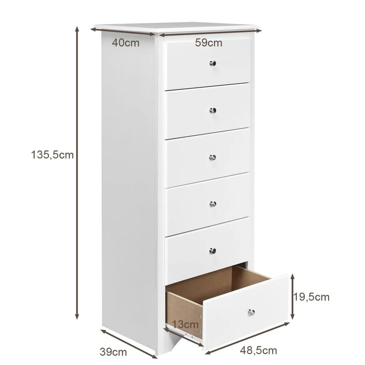 Kommode aus Massivholz mit 6 Schubladen & Rücklaufsperre & Metallknäufen Schubladenschrank