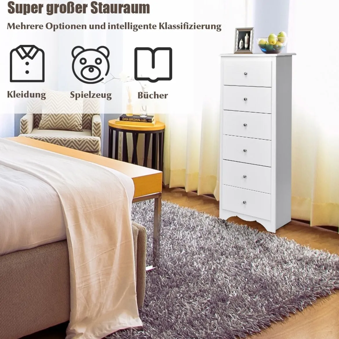Kommode aus Massivholz mit 6 Schubladen & Rücklaufsperre & Metallknäufen Schubladenschrank