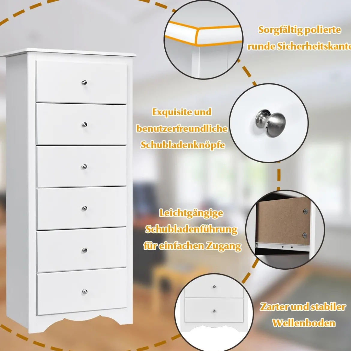 Kommode aus Massivholz mit 6 Schubladen & Rücklaufsperre & Metallknäufen Schubladenschrank
