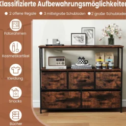 Kommode breiter Schrank mit 2 offenen Holzregalen 5 Schubladen & robustem Metallrahmen Rustikales Braun