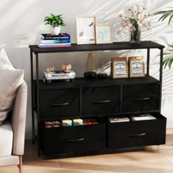 Kommode breiter Schrank mit 2 offenen Holzregalen 5 Schubladen & robustem Metallrahmen Schwarz
