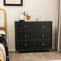Kommode für Schlafzimmer mit 6 Schubladen hohe Stoffkommodemit Metallrahmen 89 x 30 x 76,5 cm Schwarz