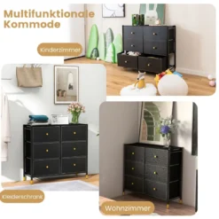 Kommode für Schlafzimmer mit 6 Schubladen hohe Stoffkommodemit Metallrahmen 89 x 30 x 76,5 cm Schwarz