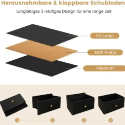 Kommode für Schlafzimmer mit 8 Schubladen hohe Stoffkommodemit Metallrahmen 89 x 30 x 98 cm Schwarz