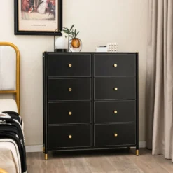 Kommode für Schlafzimmer mit 8 Schubladen hohe Stoffkommodemit Metallrahmen 89 x 30 x 98 cm Schwarz