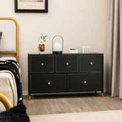 Kommode für Schlafzimmer mit 5 Schubladen breite Stoffkommode mit Metallrahmen 100 x 30 x 58,5 cm Schwarz