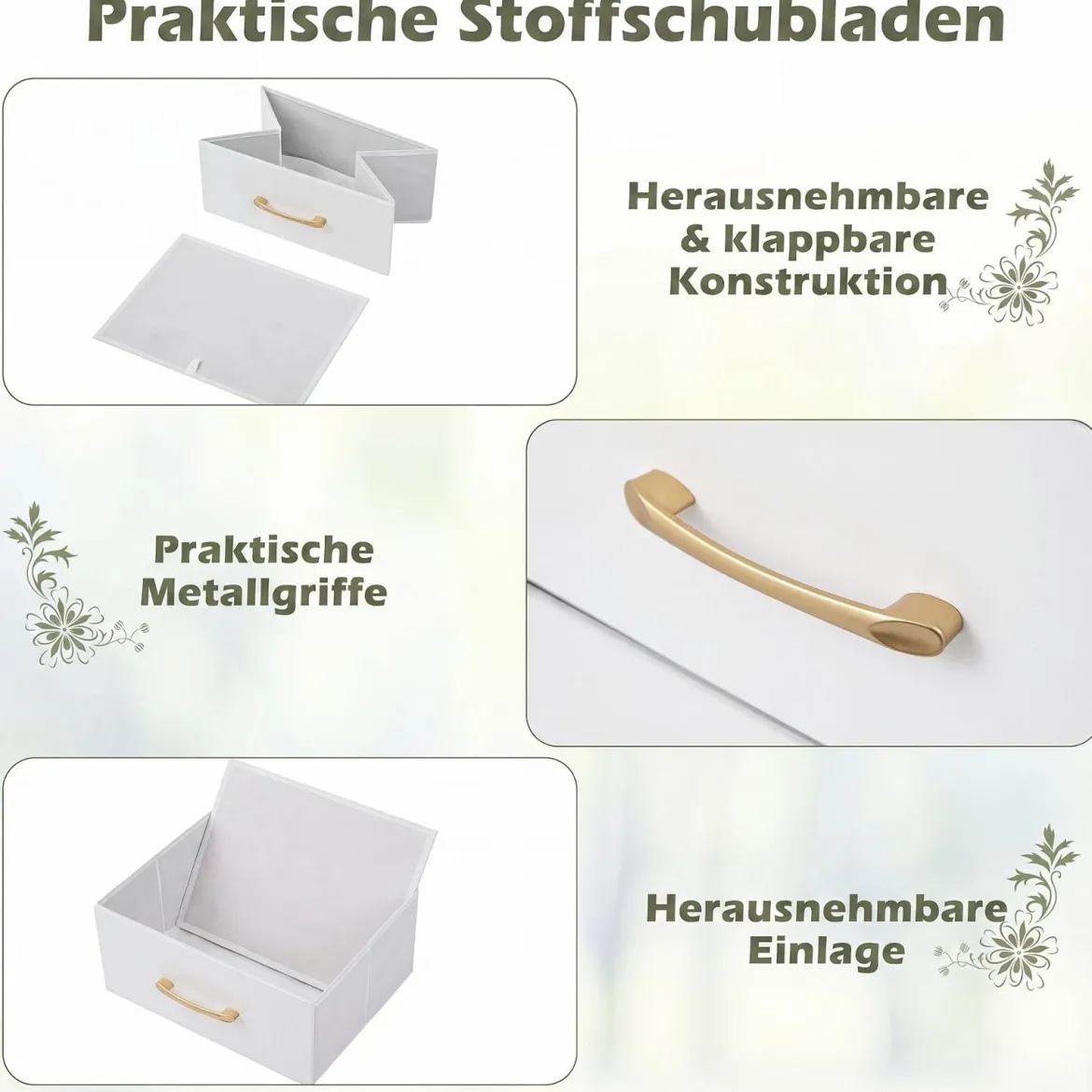Kommode mit 3 Faltbaren Stoffschubladen & Metallrahmen 40,5 x 29 x 77 cm Weiß + Gold