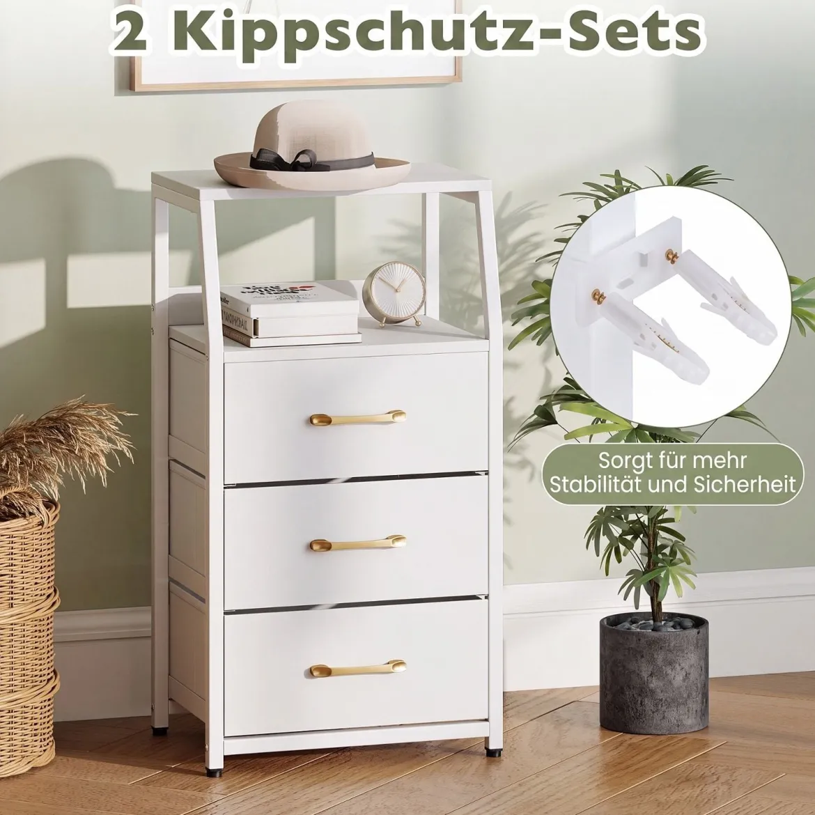 Kommode mit 3 Faltbaren Stoffschubladen & Metallrahmen 40,5 x 29 x 77 cm Weiß + Gold