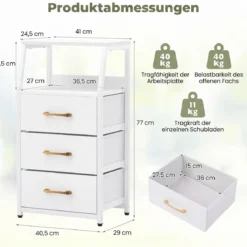 Kommode mit 3 Faltbaren Stoffschubladen & Metallrahmen 40,5 x 29 x 77 cm Weiß + Gold