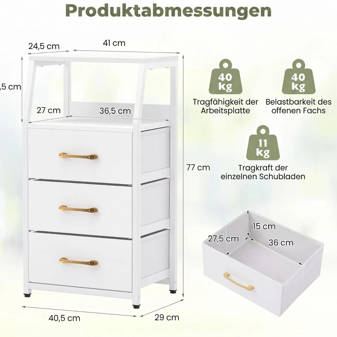 Kommode mit 3 Faltbaren Stoffschubladen & Metallrahmen 40,5 x 29 x 77 cm Weiß + Gold