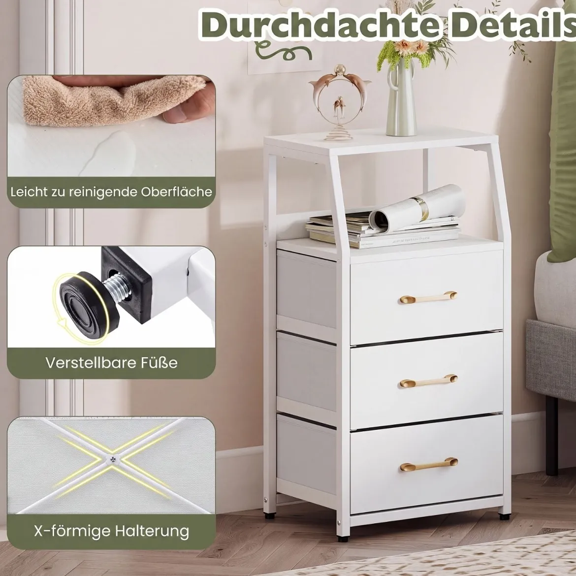 Kommode mit 3 Faltbaren Stoffschubladen & Metallrahmen 40,5 x 29 x 77 cm Weiß + Gold