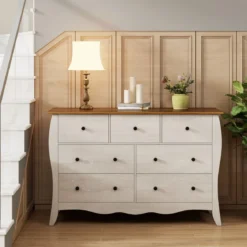 Kommode mit 7 Klappbaren Stoffschubladen Sideboard im Landhausstil Kleiderschrank Grau