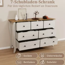 Kommode mit 7 Klappbaren Stoffschubladen Sideboard im Landhausstil Kleiderschrank Grau