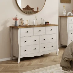 Kommode mit 7 Klappbaren Stoffschubladen Sideboard im Landhausstil Kleiderschrank Grau