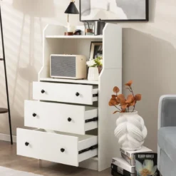 Kommode mit 3 Schubladen & Ablageflächen & Kippschutz Schubladenschrank Weiß