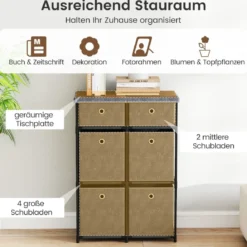 Kommode mit Schubladen Aufbewahrungstisch mit Metallrahmen und klappbaren Stoffbehältern Grau