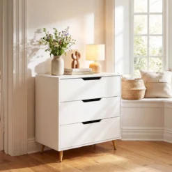 Kommode mit 3 Schubladen aus Holz Modernes Sideboard mit Konischen Metallbeinen Weiß