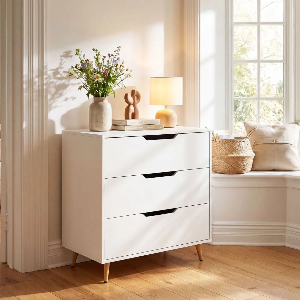 Kommode mit 3 Schubladen aus Holz Modernes Sideboard mit Konischen Metallbeinen Weiß