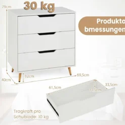 Kommode mit 3 Schubladen aus Holz Modernes Sideboard mit Konischen Metallbeinen Weiß