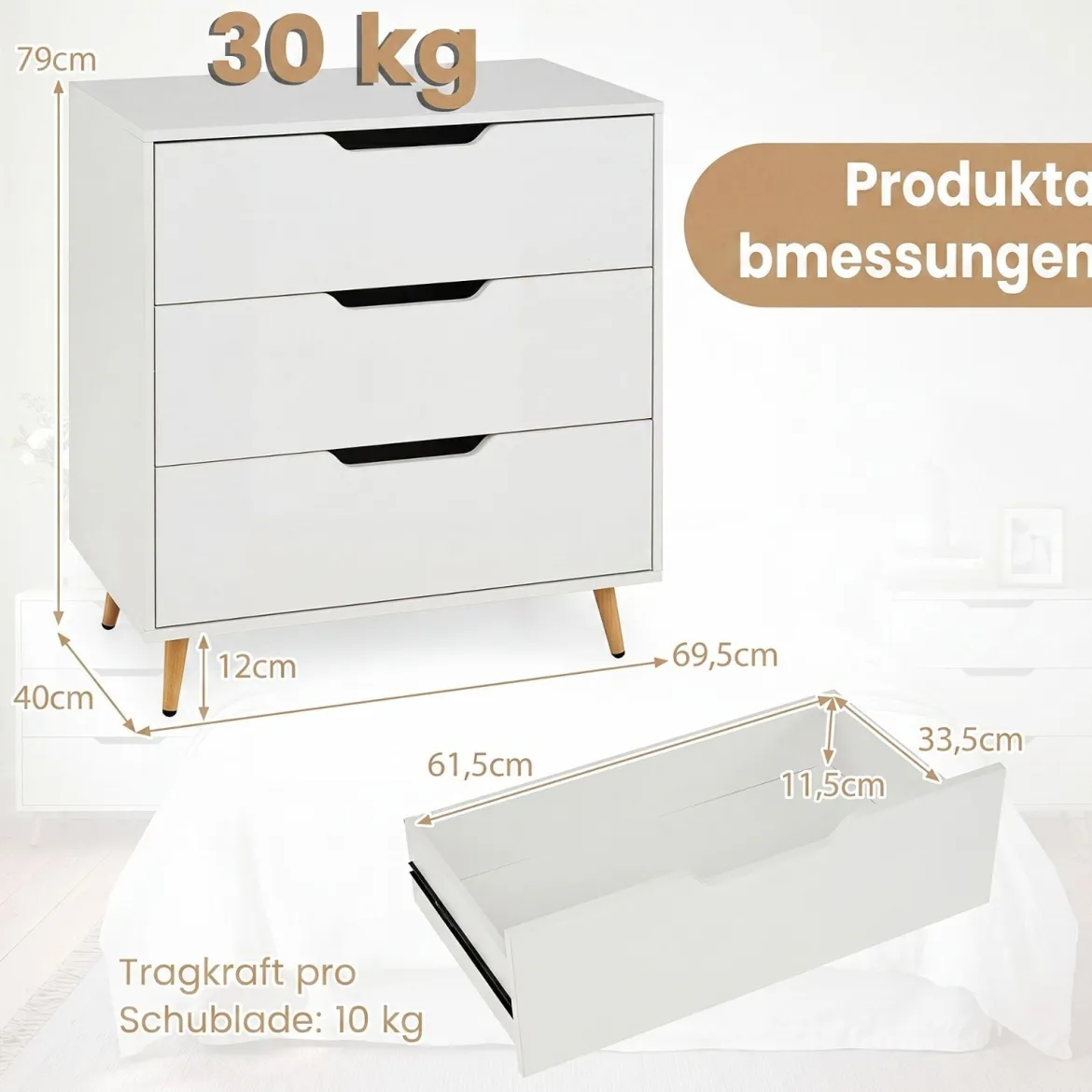 Kommode mit 3 Schubladen aus Holz Modernes Sideboard mit Konischen Metallbeinen Weiß