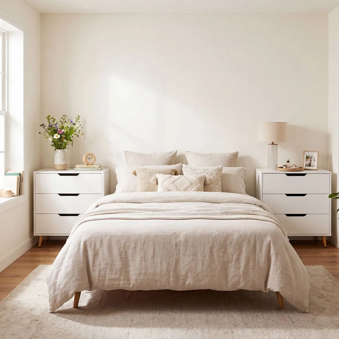 Kommode mit 3 Schubladen aus Holz Modernes Sideboard mit Konischen Metallbeinen Weiß