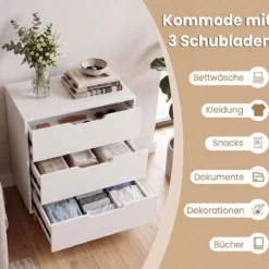Kommode mit 3 Schubladen aus Holz Modernes Sideboard mit Konischen Metallbeinen Weiß