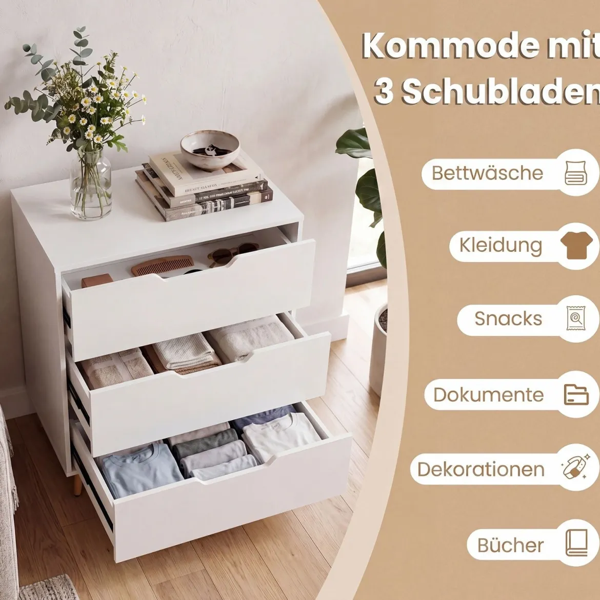 Kommode mit 3 Schubladen aus Holz Modernes Sideboard mit Konischen Metallbeinen Weiß