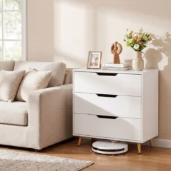 Kommode mit 3 Schubladen aus Holz Modernes Sideboard mit Konischen Metallbeinen Weiß