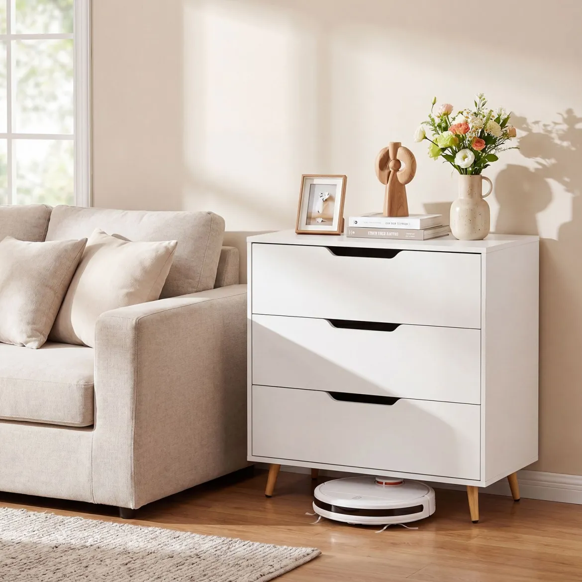Kommode mit 3 Schubladen aus Holz Modernes Sideboard mit Konischen Metallbeinen Weiß