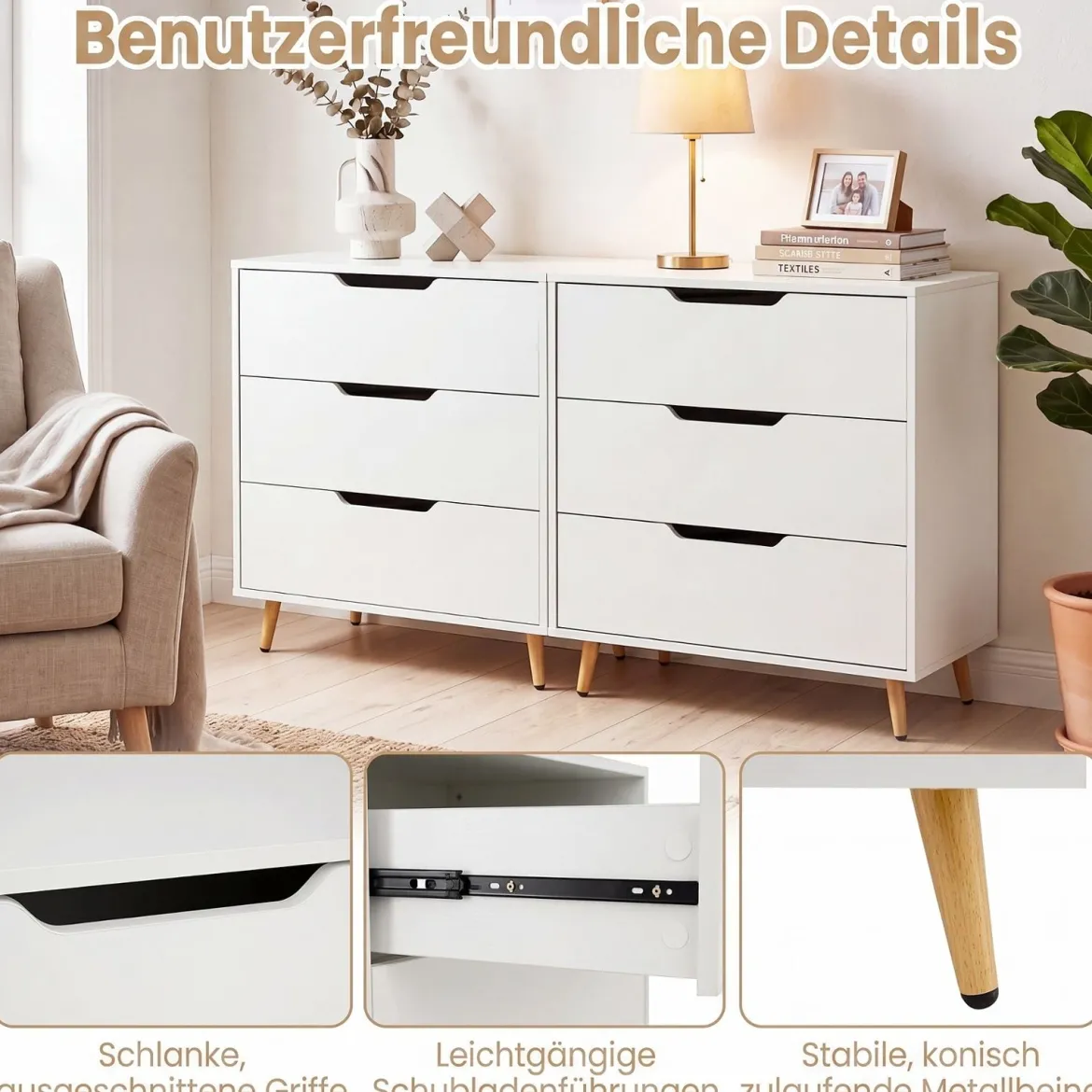 Kommode mit 3 Schubladen aus Holz Modernes Sideboard mit Konischen Metallbeinen Weiß