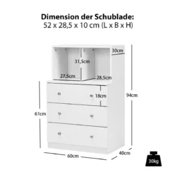Kommode mit 3 Schubladen & 2 Fächern Sideboard aus Holz mit Kippsicherung 60 x 40 x 94 cm Weiß