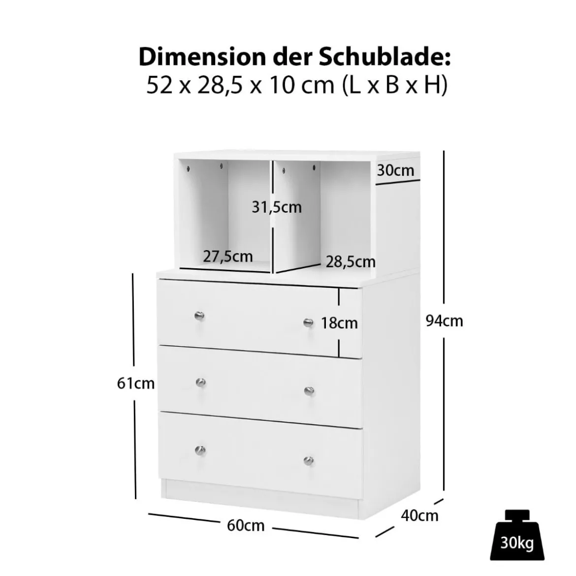 Kommode mit 3 Schubladen & 2 Fächern Sideboard aus Holz mit Kippsicherung 60 x 40 x 94 cm Weiß