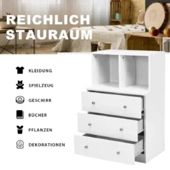 Kommode mit 3 Schubladen & 2 Fächern Sideboard aus Holz mit Kippsicherung 60 x 40 x 94 cm Weiß