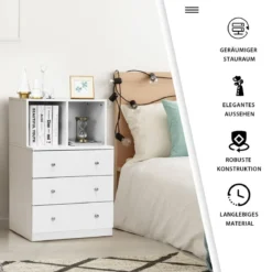 Kommode mit 3 Schubladen & 2 Fächern Sideboard aus Holz mit Kippsicherung 60 x 40 x 94 cm Weiß