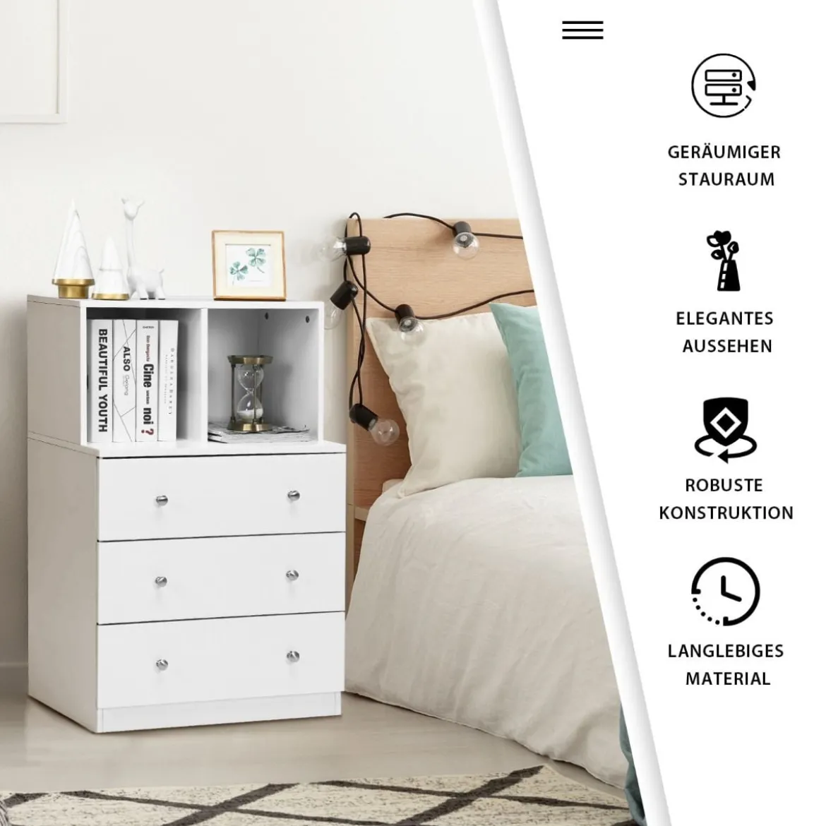 Kommode mit 3 Schubladen & 2 Fächern Sideboard aus Holz mit Kippsicherung 60 x 40 x 94 cm Weiß